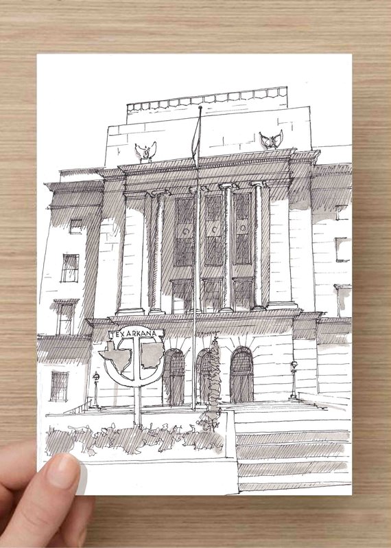 570x798 pen and ink drawing of texarkana post office architecture etsy - Post Office Drawing