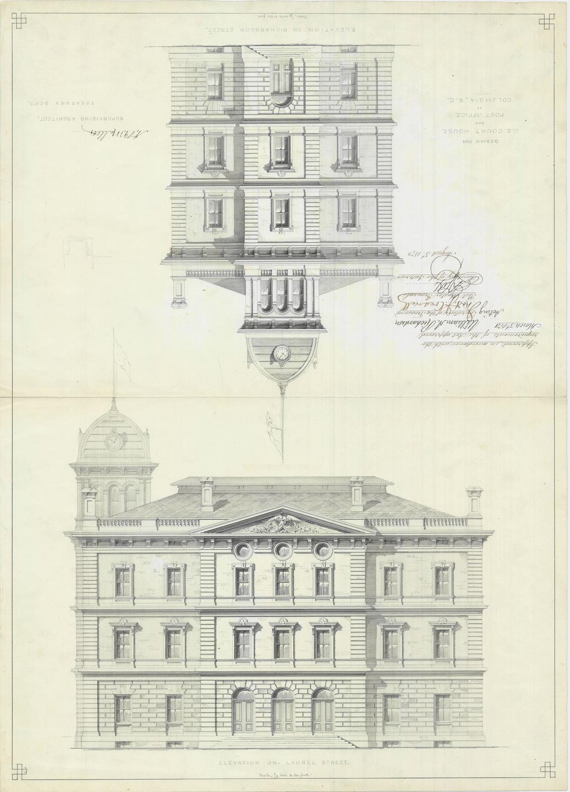 1153x1600 presentation drawing of columbia sc courthouse and post office - Post Office Drawing