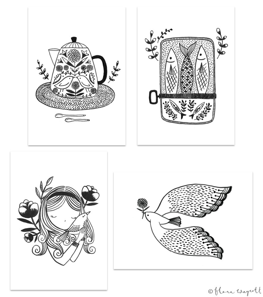 886x1000 ink drawings postcard set florawaycott - Postcard Drawing