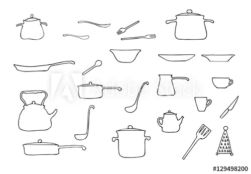 500x346 set of hand drawn vector kitchen utensils - Pots And Pans Drawing