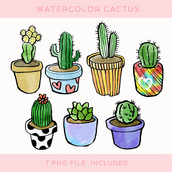 570x570 potted cactus watercolor plants pots clip art, digital download - Potted Cactus Drawing