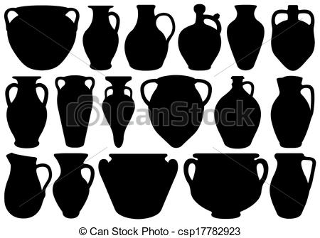 450x335 set of different clay pottery isolated on white clip art - Pottery Drawing