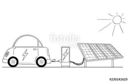 500x319 cartoon drawing conceptual illustration of electric car recharging - Power Plant Drawing