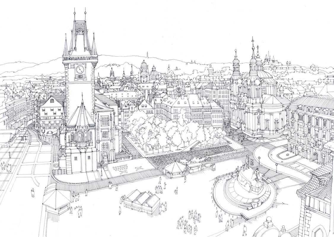 1126x800 line drawings of prague illustrated maps - Prague Drawing