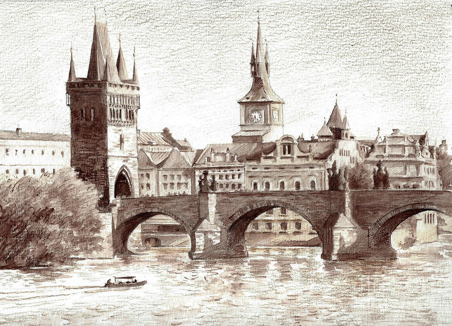 900x651 prague, charles bridge drawing - Prague Drawing