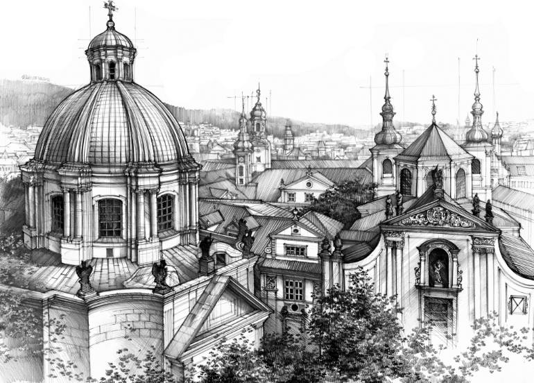 770x552 prague over the rooftops drawing - Prague Drawing