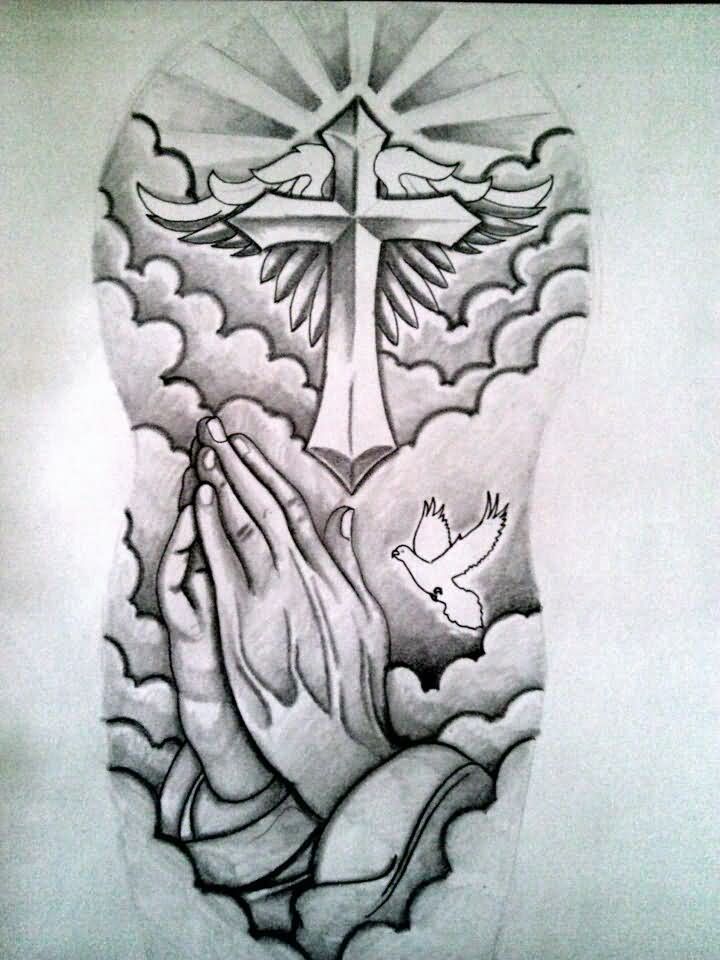 720x960 and grey religious cross with wings and praying hand tattoo design - Praying Hands Tattoo Drawing