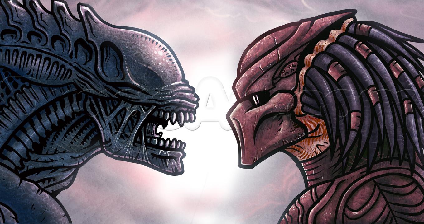 1360x720 how to draw alien vs predator, step - Predator Face Drawing
