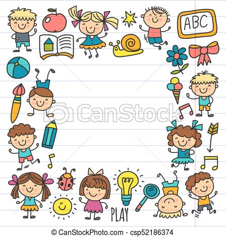 448x470 Kids Drawing Kindergarten School Happy Children Play Illustration - Preschool Drawing