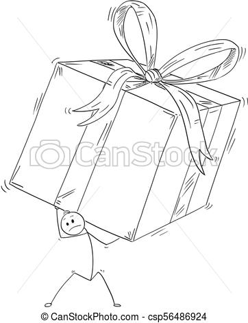 362x470 cartoon of man or businessman carry large gift box present in wrap - Present Drawing
