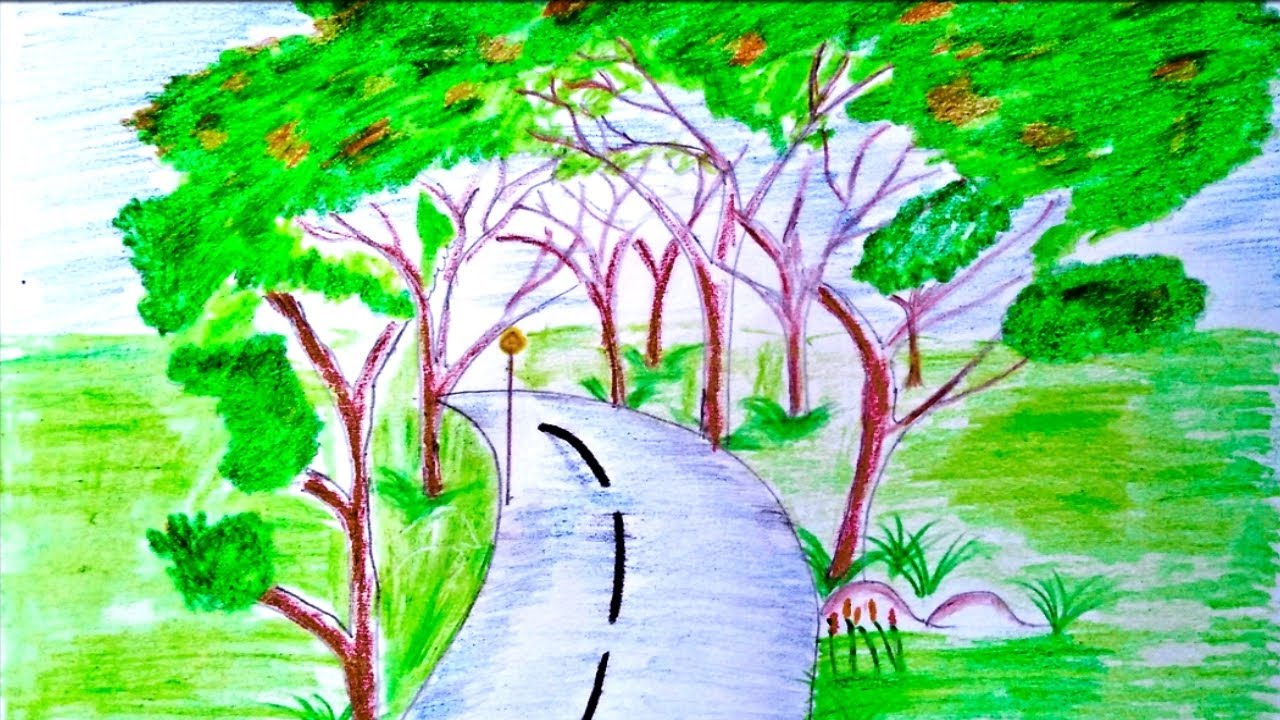 1280x720 How To Draw Pretty Tree Line Road Drawing Step - Pretty Tree Drawing