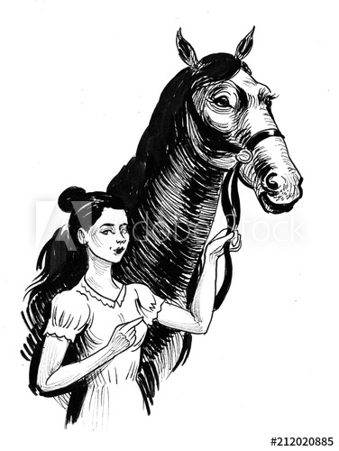 376x500 Ink Black And White Drawing Of A Horse And A Pretty Woman - Pretty Woman Drawing