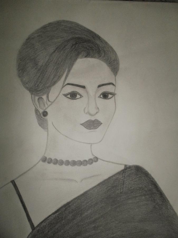 675x900 pretty woman in a black saree drawing - Pretty Woman Drawing
