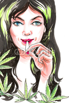 268x400 pretty woman smoking marijuana joint ink and watercolor drawing - Pretty Woman Drawing