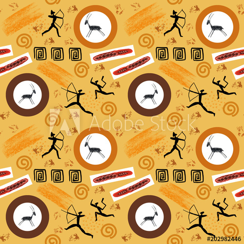 500x500 Illistration Of Rock Painting Cave Drawings Man And Animals - Primitive Drawings