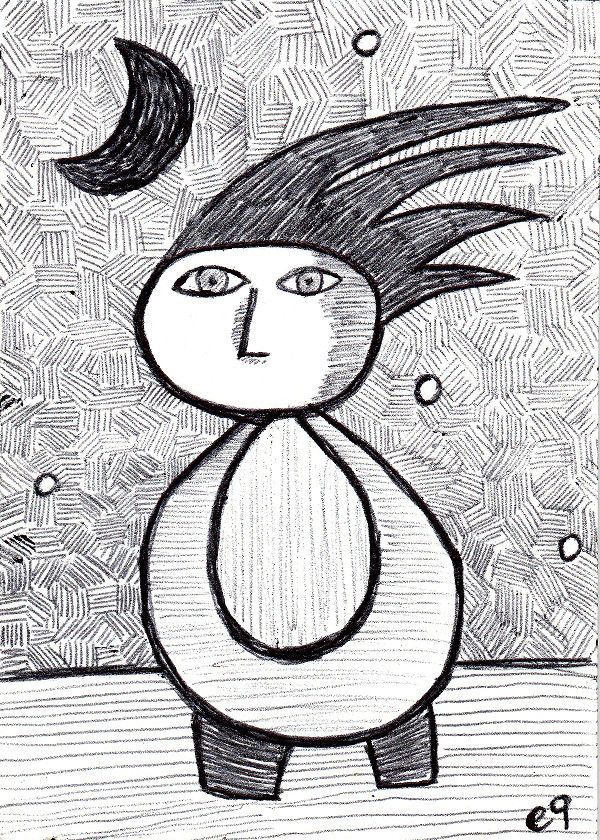 600x840 The Moon And I Aceo Drawing Outsider Art Brut Naive - Primitive Drawings