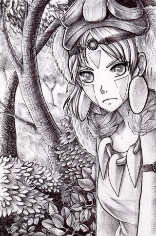 320x484 princess mononoke drawn in black ball point pen - Princess Mononoke Drawing