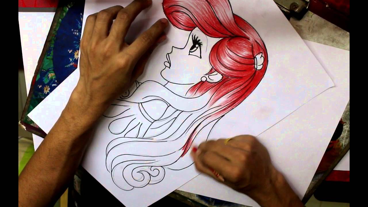 1280x720 Ariel Princess Colour Pencil Sketch - Princess Pencil Drawing