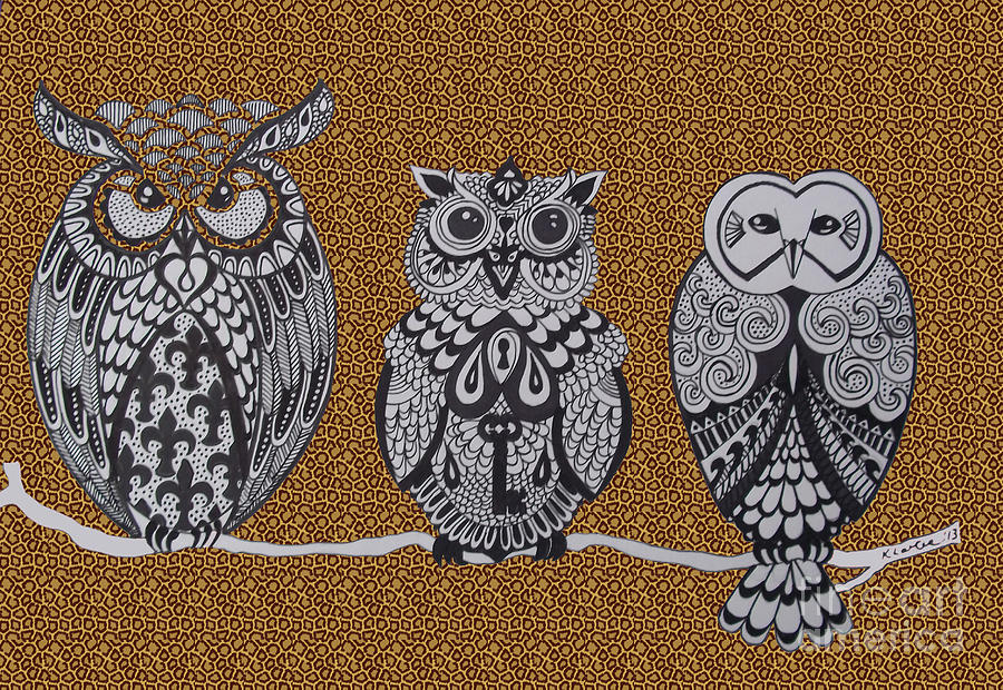 900x620 Three Owls On A Branch Leopard Print Drawing - Print Drawing