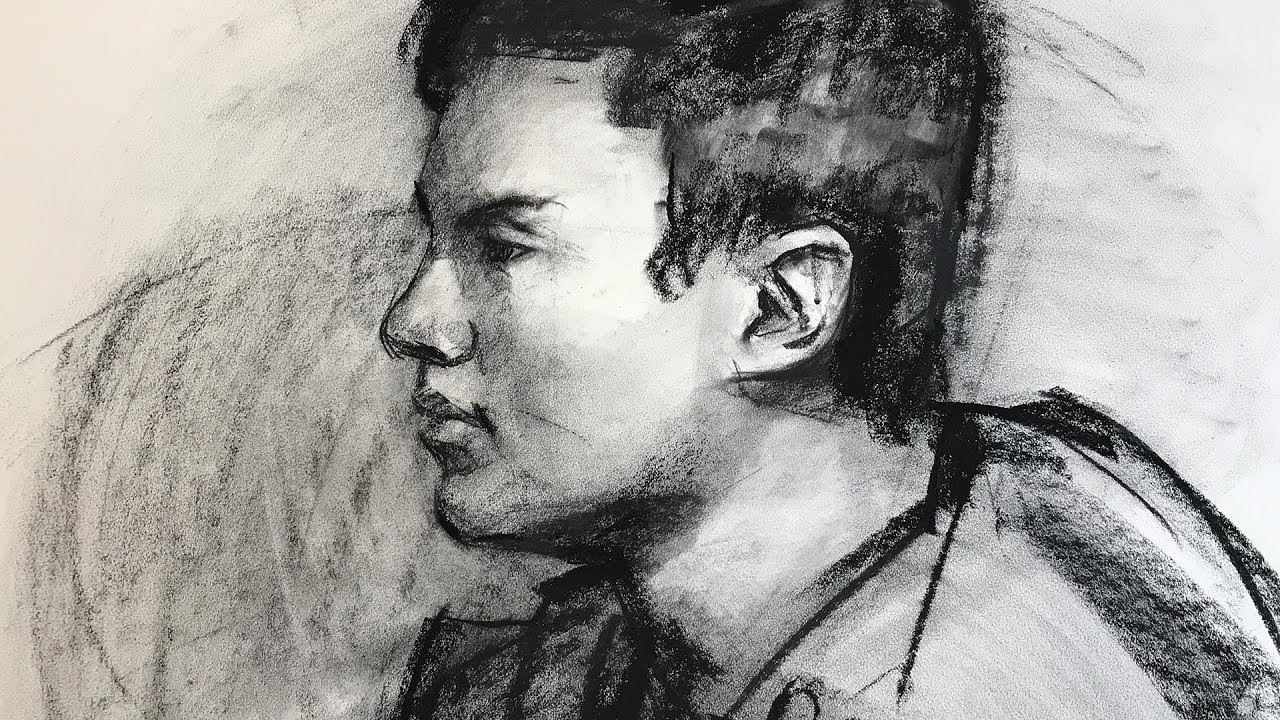 1280x720 live portrait charcoal drawing of a man in profile view - Profile Portrait Drawing