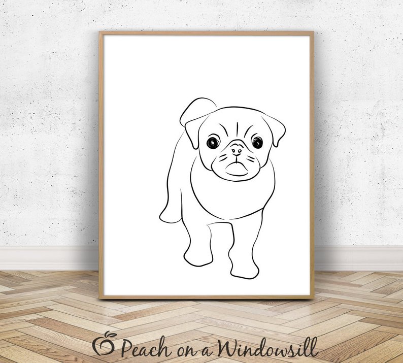 794x715 pug printable line drawing dog black and white minimal dog etsy - Pug Line Drawing