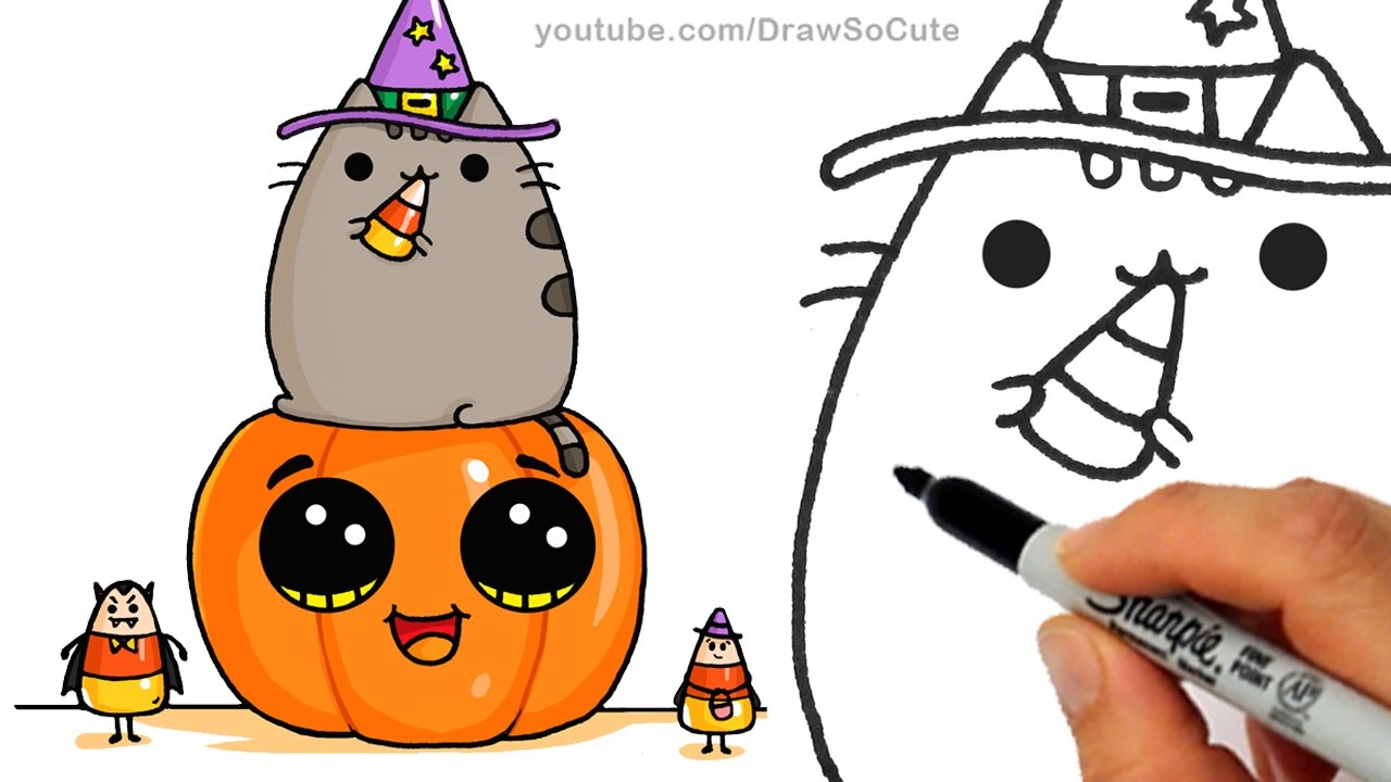 1280x720 how to draw pusheen cat on pumpkin with candy corn step - Pumpkin Cartoon Drawing