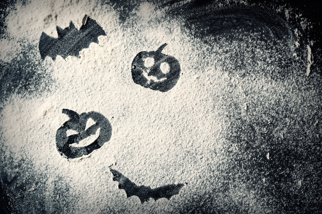 626x417 drawing halloween pumpkin head jack lantern and bat on wheat flour - Pumpkin Head Drawing