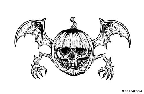 500x327 Skull With Halloween Pumpkin Tattoo - Pumpkin Line Drawing