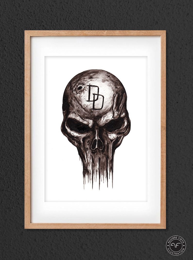 794x1067 daredevil print the punisher marvel hero print ink etsy - Punisher Skull Drawing