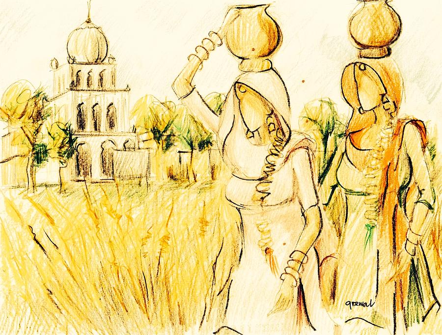 900x682 Punjabi Village Girls Drawing - Punjabi Drawing