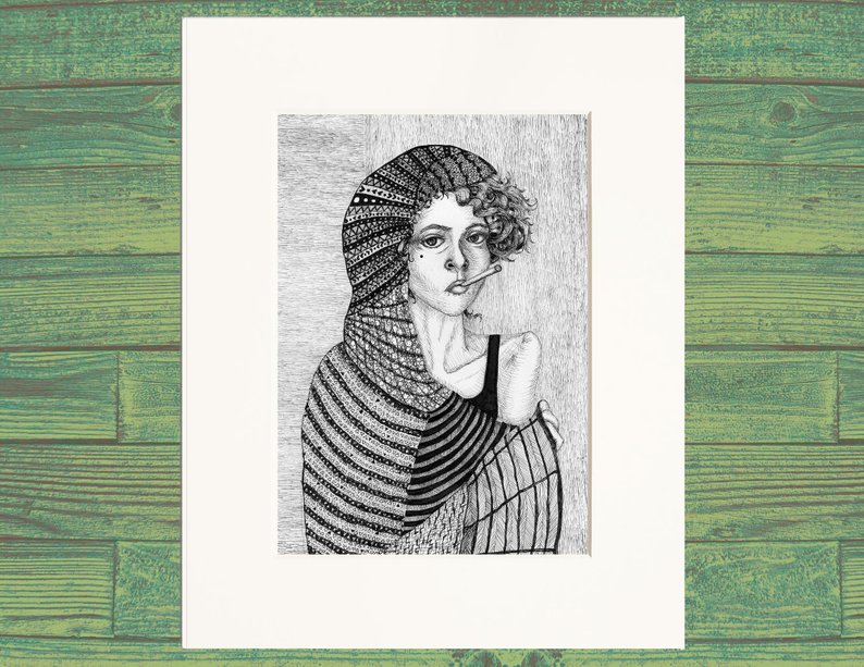 794x613 punk girl matted print from drawing black and white wall etsy - Punk Girl Drawing
