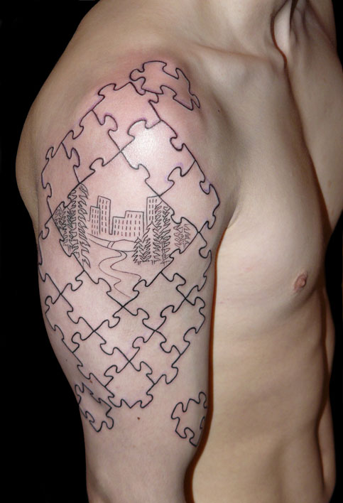 483x708 Puzzle Pieces Drawing A City Tattoo On Men Upper Arm - Puzzle Pieces Drawing