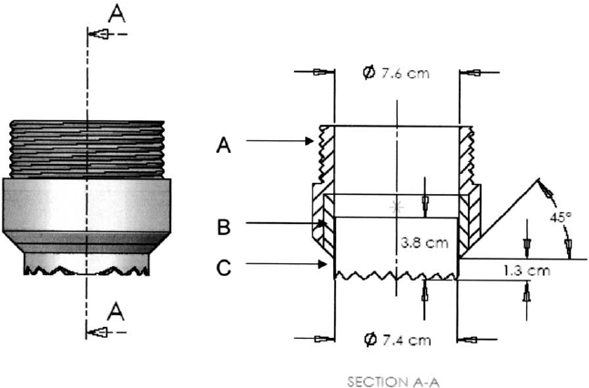 647x426 drawing and relevant dimensions of the sampler cutting head - Pvc Drawing