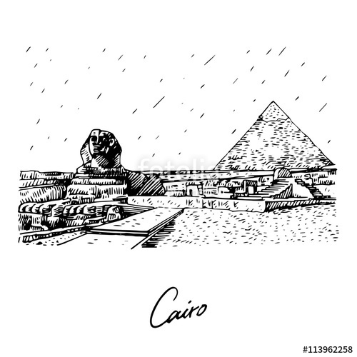500x500 the great sphinx and pyramid in giza, cairo, egypt hand drawn - Pyramid Of Giza Drawing