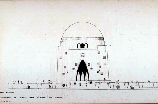 640x421 Quaid E Azam Tomb Bampw Drawing, Front Elevation Archnet - Quaid E Azam Drawing