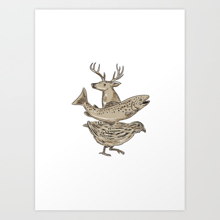 700x700 Deer Trout Quail Drawing Art Print - Quail Drawing