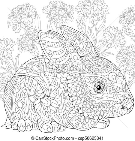 450x470 Zentangle Stylized Easter Bunny Among Flowers Coloring - Rabbit Sketch Drawing