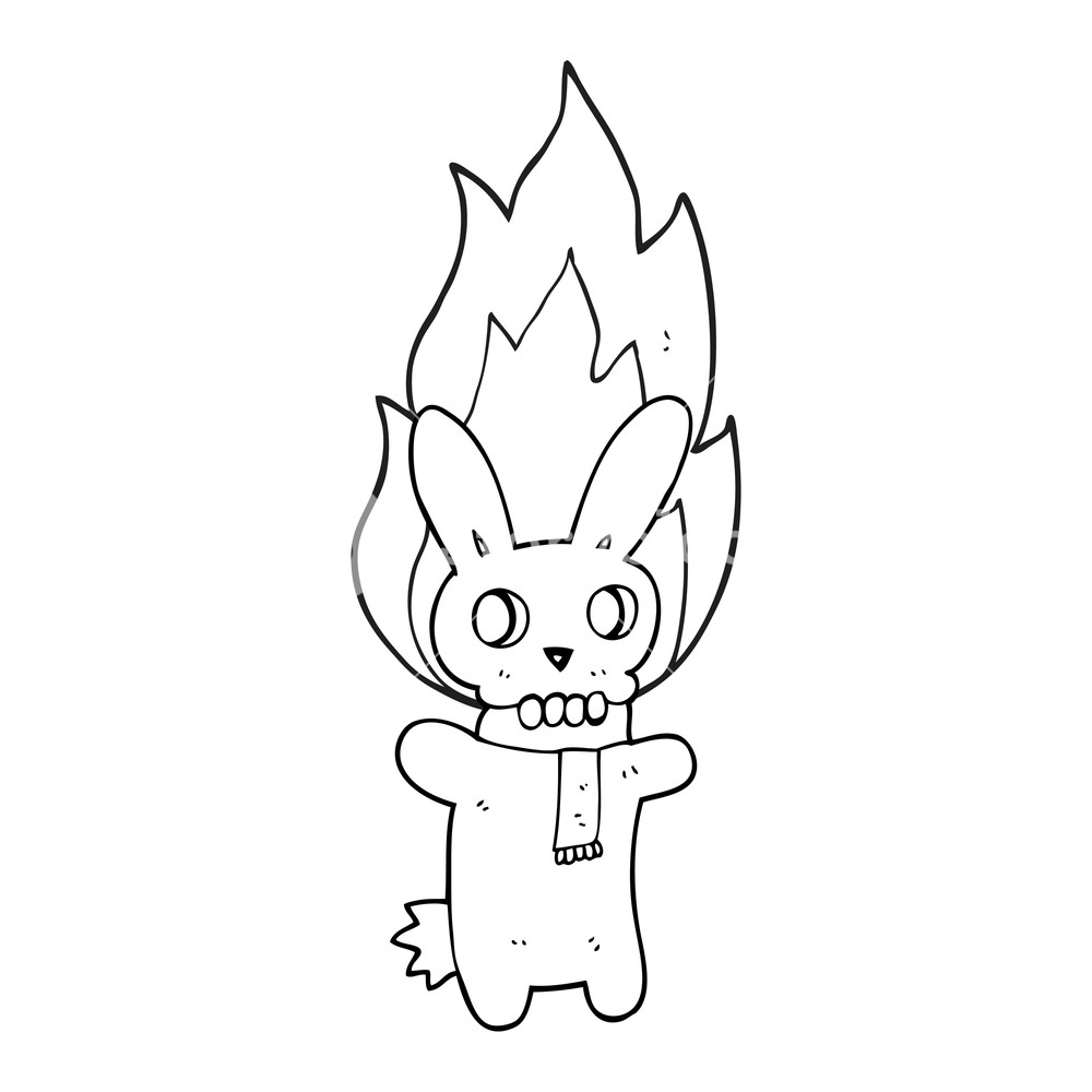 1000x1000 freehand drawn black and white cartoon flaming skull rabbit - Rabbit Skull Drawing