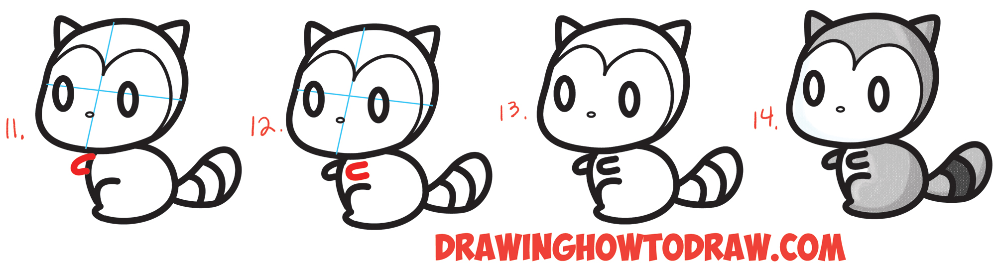 2000x540 How To Draw Cute Chibi Kawaii Characters With Number Shapes - Raccoon Drawing Step By Step