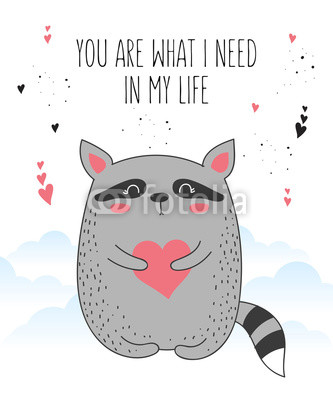 333x400 Vector Line Drawing Poster With Cute Raccoon And Heart Buy - Raccoon Line Drawing