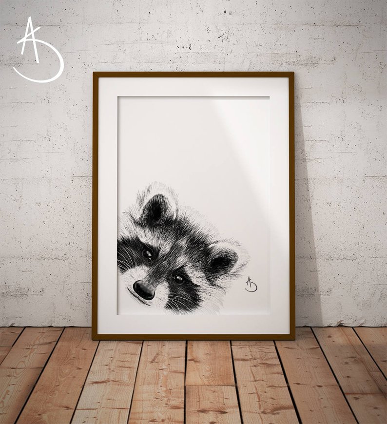 794x870 cute peekaboo racoon drawing download racoon decor peekaboo etsy - Racoon Drawing