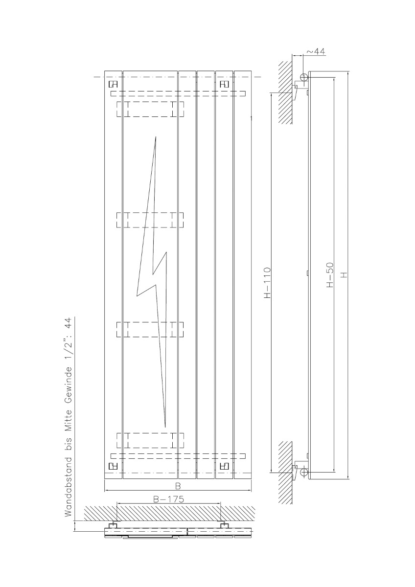 848x1200 eucotherm mars single mirror radiator, modern, vertical, flat - Radiator Drawing