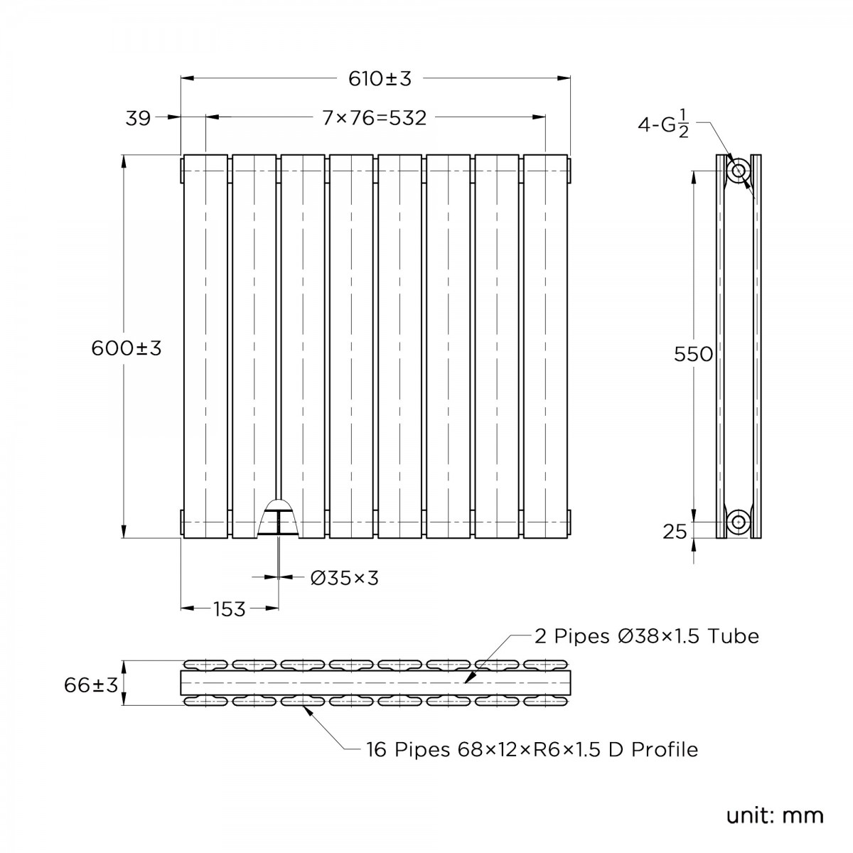 1200x1200 gloss white double flat panel horizontal radiator - Radiator Drawing