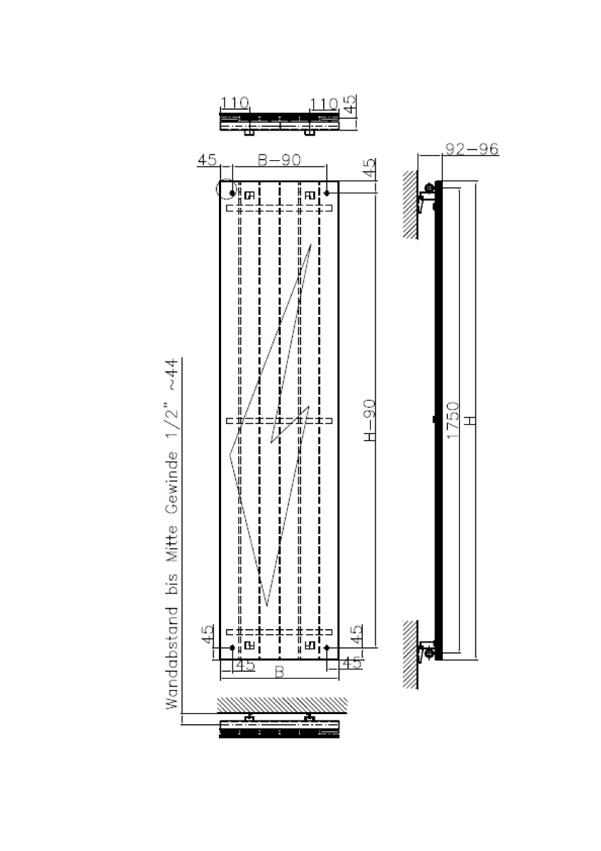 848x1200 lezayre glass flat panel modern vertical radiator, tall, white - Radiator Drawing