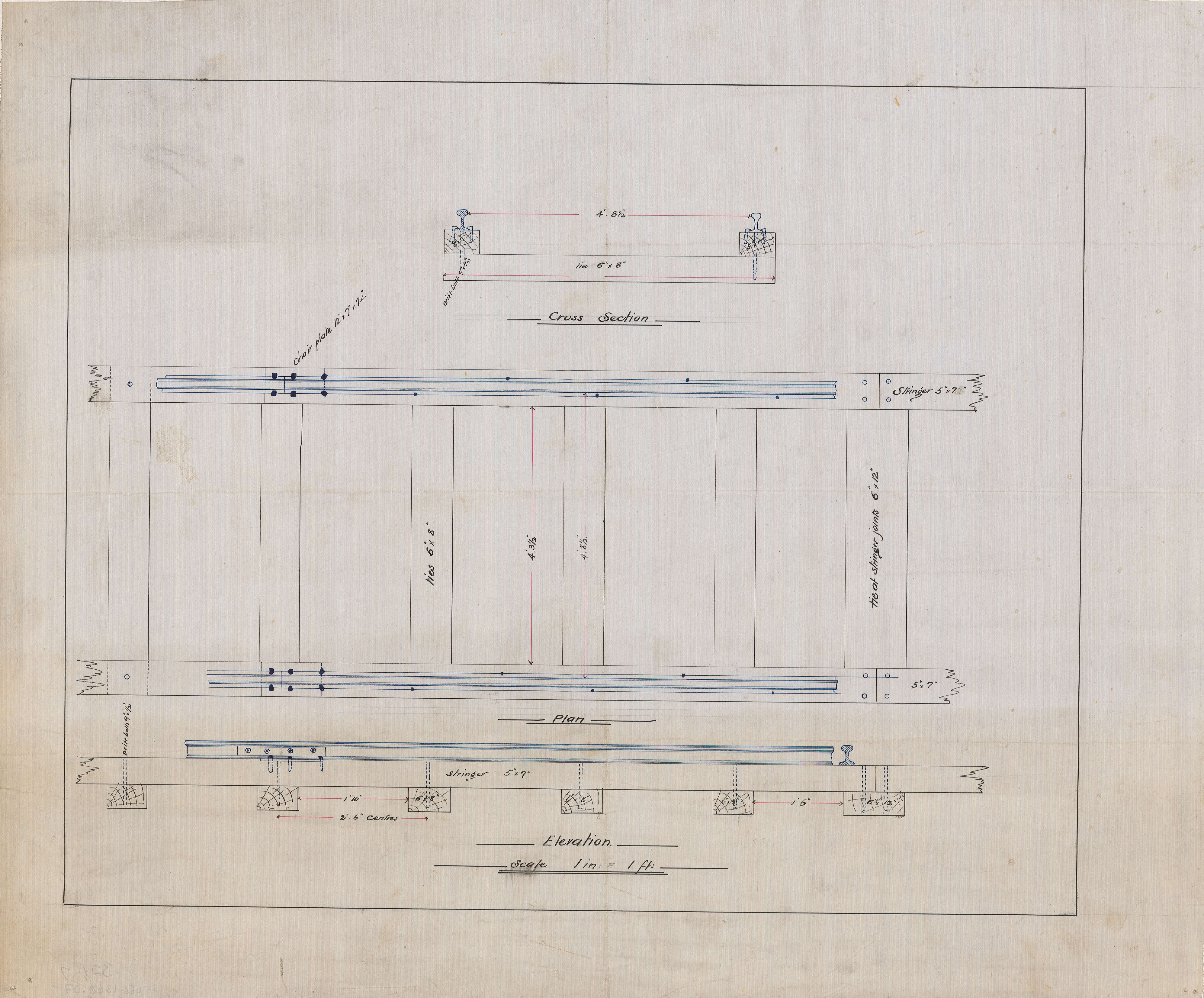 3987x3304 cross section, elevation and plan of street railway track - Railway Track Drawing