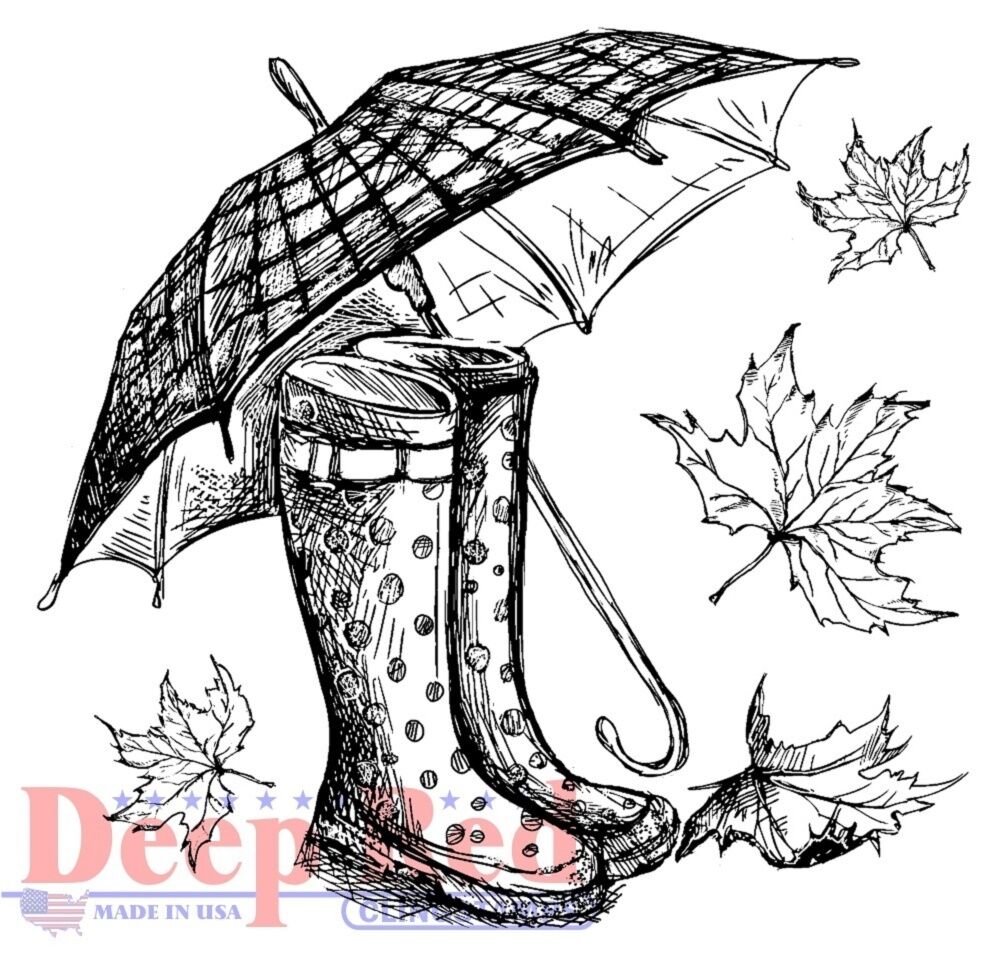 1000x954 deep red rubber stamp galoshes rain boots and umbrella - Rain Boots Drawing