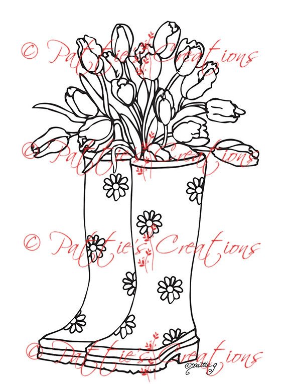 570x765 rain boots with tulips etsy - Rain Boots Drawing