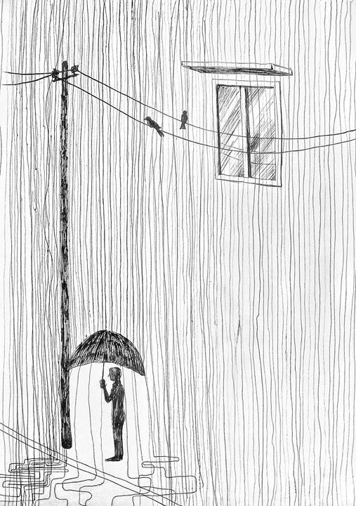 507x720 Man In Rain With Umbrella Pen Drawing My Traditional Artworks - Rain Drawing
