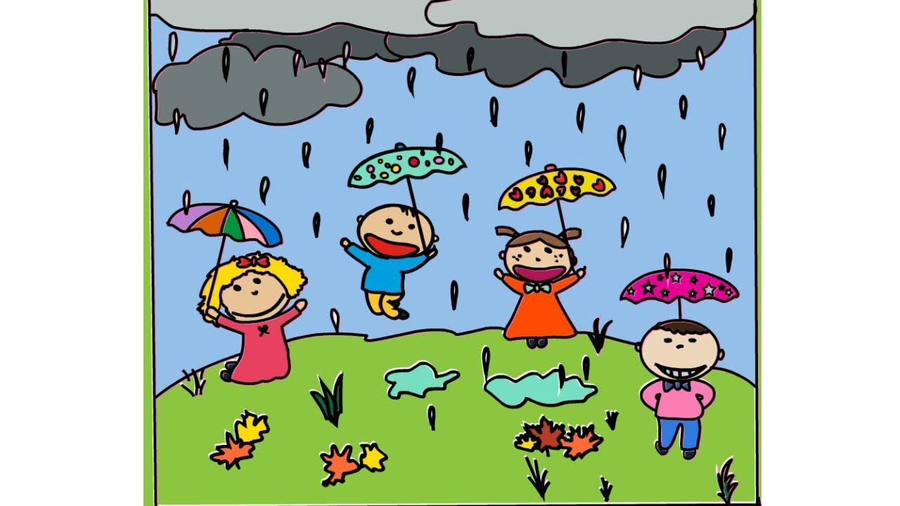 1280x720 How To Draw Kids Playing In The Rain Landscape Drawing Yzarts - Rain Drawing Pictures