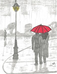 229x300 Couple Walking In The Rain Painting - Rain Umbrella Drawing